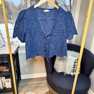 A Loves A Blue Eyelet Lace Crop Top Tie Front Short Sleeve Blouse Size Medium